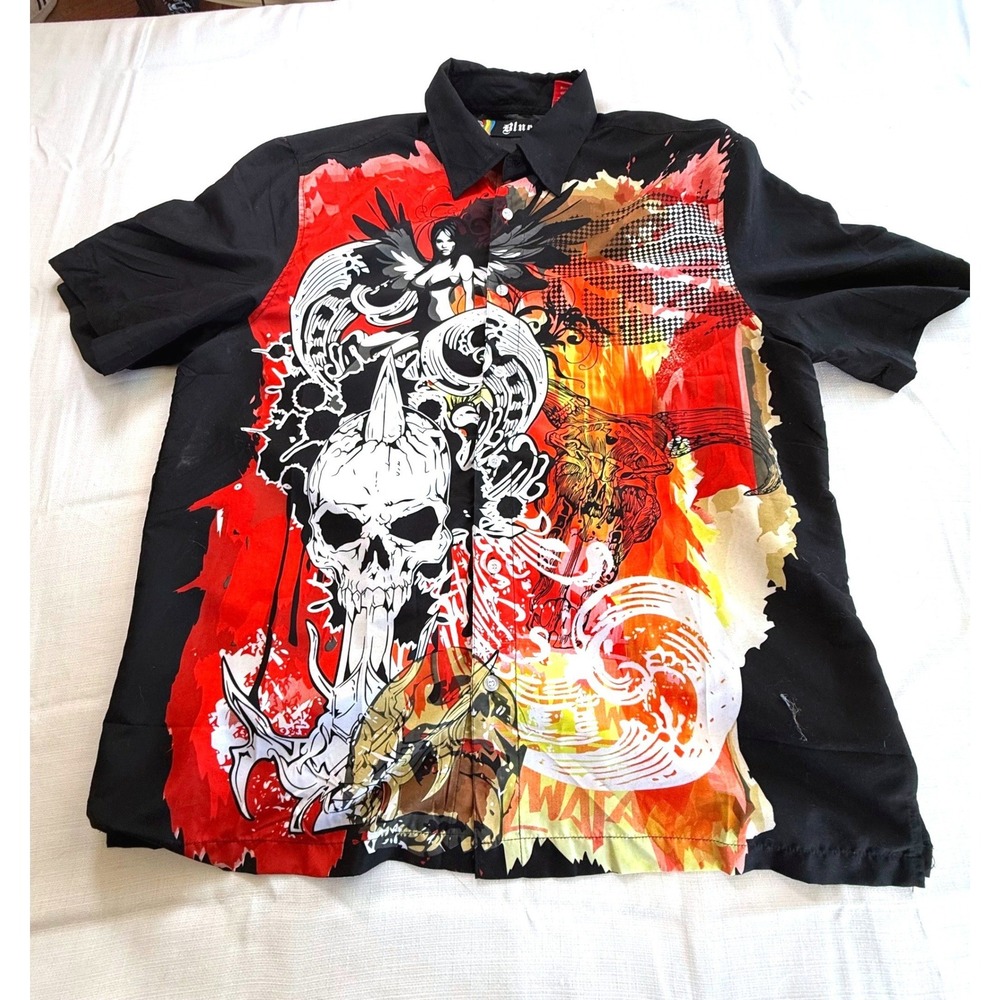 Y2K Graphic Button Up Shirt‎ Men's 2XL Skull Angel Grunge 2000s